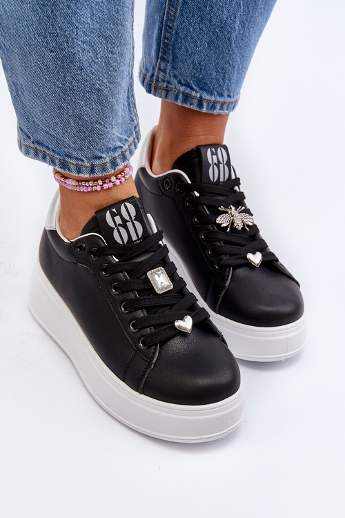 Sneakersy Damskie Na Platformie Z Ozdobami Czarne Herbisa
