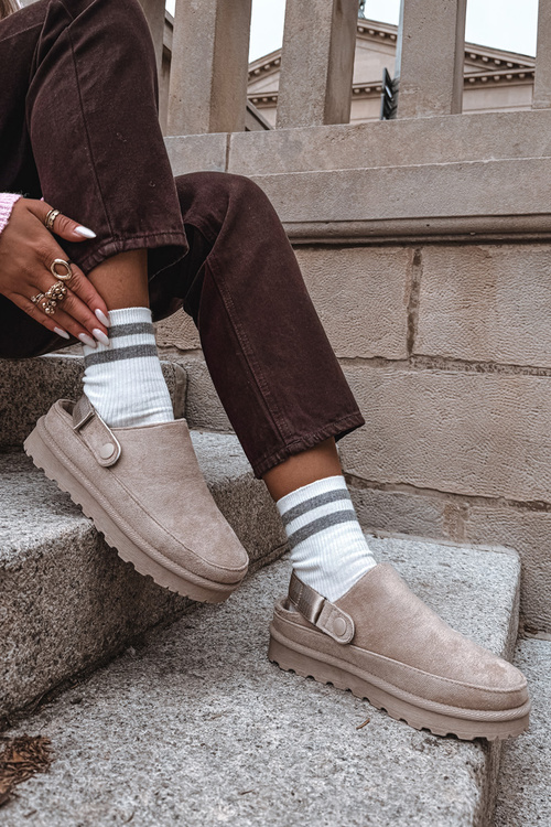 Damskie Kapcie Ocieplane Futerkiem Na Platformie Beżowe Azida