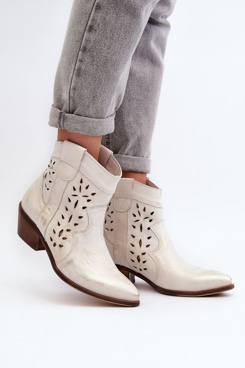 Zazoo 2870 Skórzane Botki Na Niskim Obcasie Ażurowe Srebrne