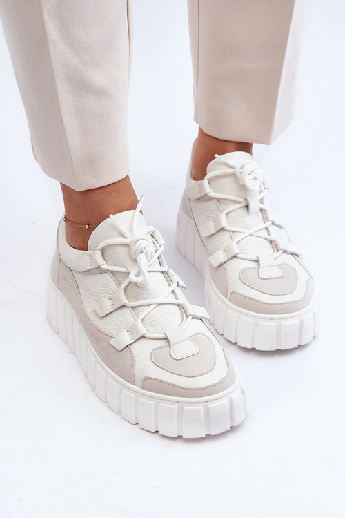 Damskie Skórzane Buty Sportowe Na Platformie M01/1 Zazoo Jasnobeżowe