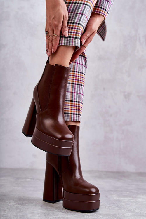 Damskie Skórzane Botki Na Masywnym Obcasie Brązowe Jones