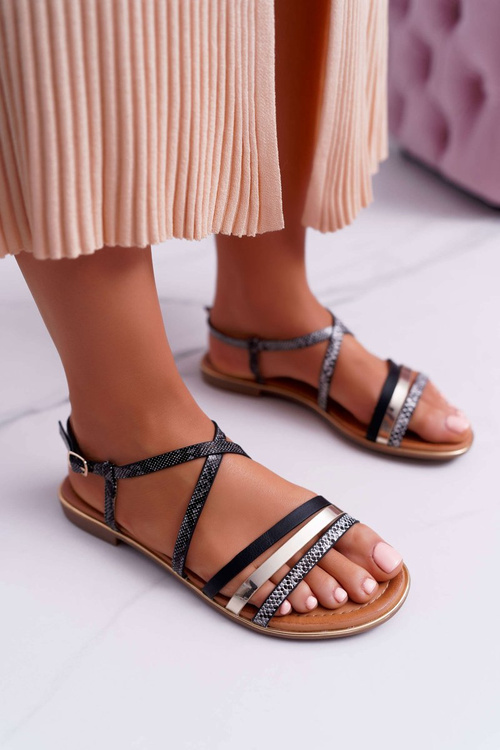 Sandały Damskie Płaskie Skóra Węża Czarne Dahira