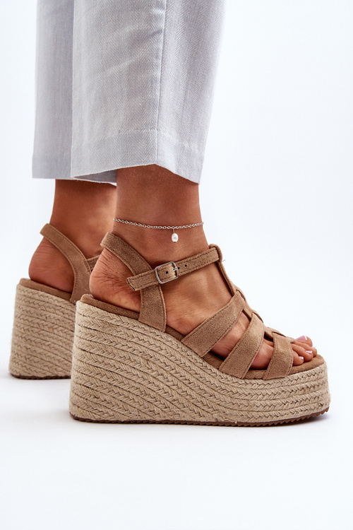 Sandały Na Koturnie Z Plecionką Brązowe Gnosis