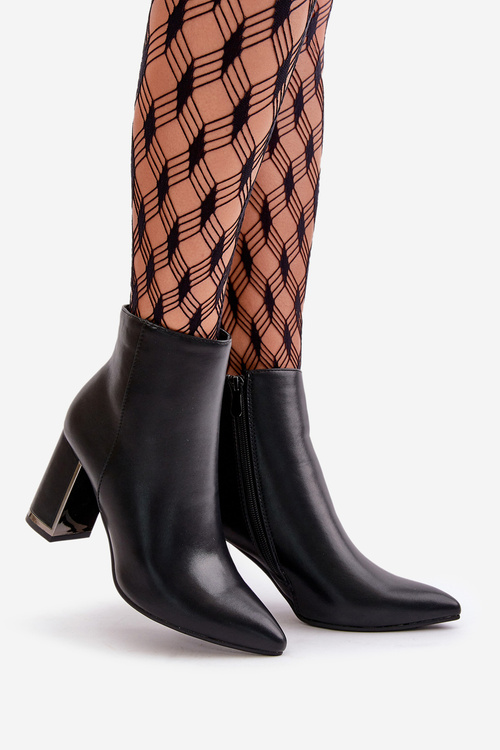 Botki Damskie Na Słupku Zapinane Na Zamek Ocieplane Eko Skórzane Czarne Mevair