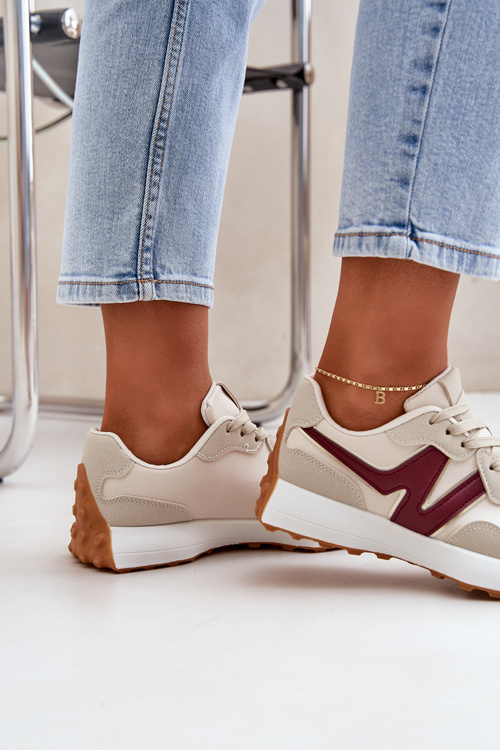 Buty Sportowe Sneakersy Damskie Beżowo-Bordowe Britma