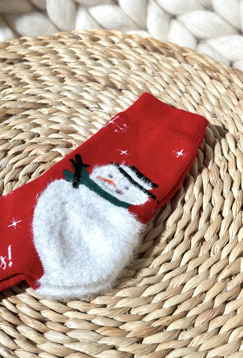 Dziecięce Świąteczne Bawełniane Skarpety Z Bałwanem Czerwone