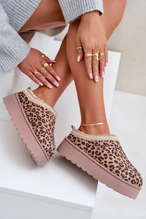 Śniegowce Damskie Na Platformie Ocieplane Futerkiem Panterka Brązowe Remenia