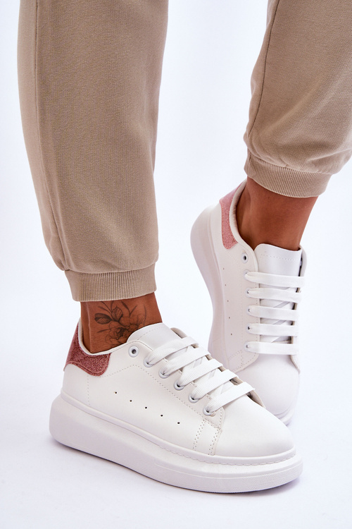 Damskie Buty Sportowe Na Platformie Brokatowe Biało-Różowe Eliso