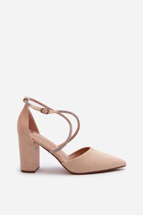 Eko Zamszowe Czółenka Na Słupku Z Cyrkoniami Beżowe Lagra