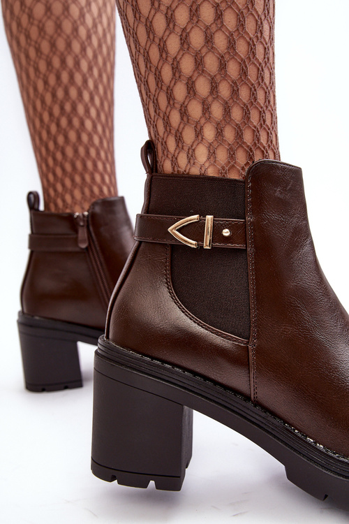 Skórzane Damskie Botki Na Masywnym Słupku Brązowe Belinda