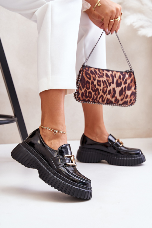 Zazoo 20176 Lakierowane Półbuty Mokasyny Damskie Ze Skóry Naturalnej Czarne