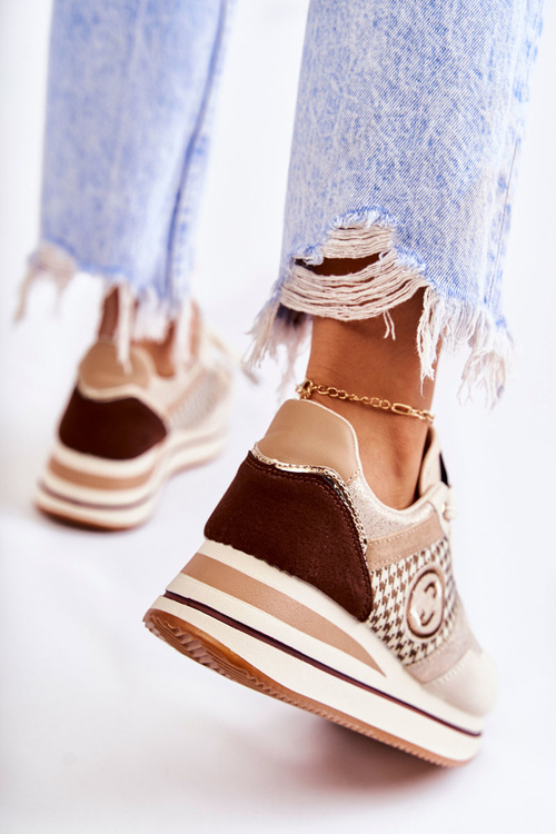 Modne Buty Sportowe Damskie Na Koturnie Beżowo-Brązowe Aronne