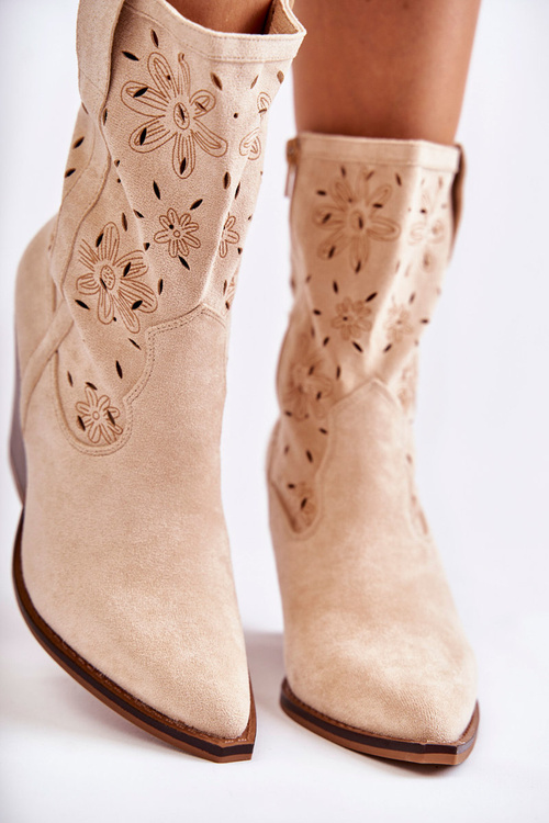 Modne Zamszowe Botki Kowbojki W Kwiaty Beżowe Coralie