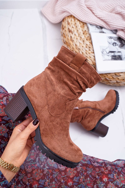 Botki Damskie Na Słupku Zamsz Camel Celma