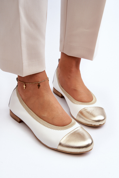 Zazoo 2890 Skórzane Baleriny Biało-Złote