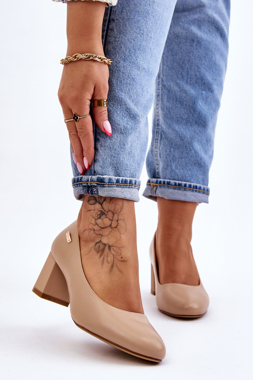 Skórzane Czółenka Na Słupku Sergio Leone PB178 Beżowe