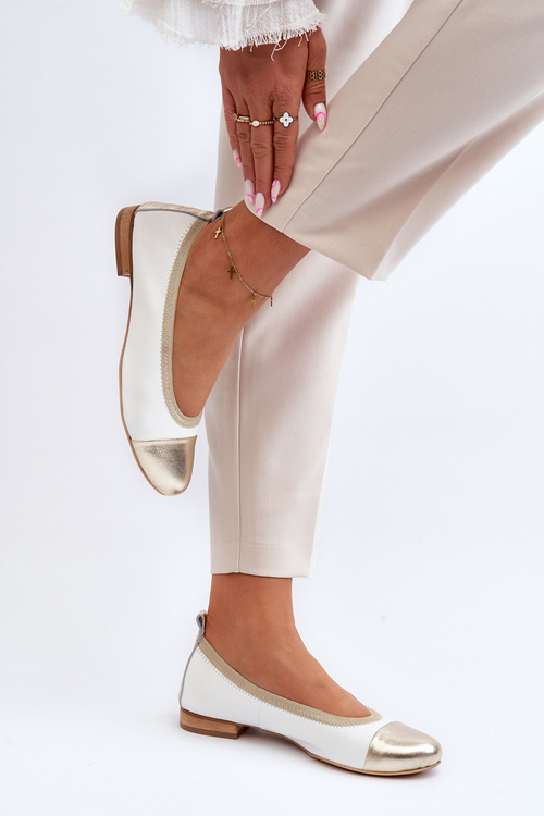 Zazoo 2890 Skórzane Baleriny Biało-Złote