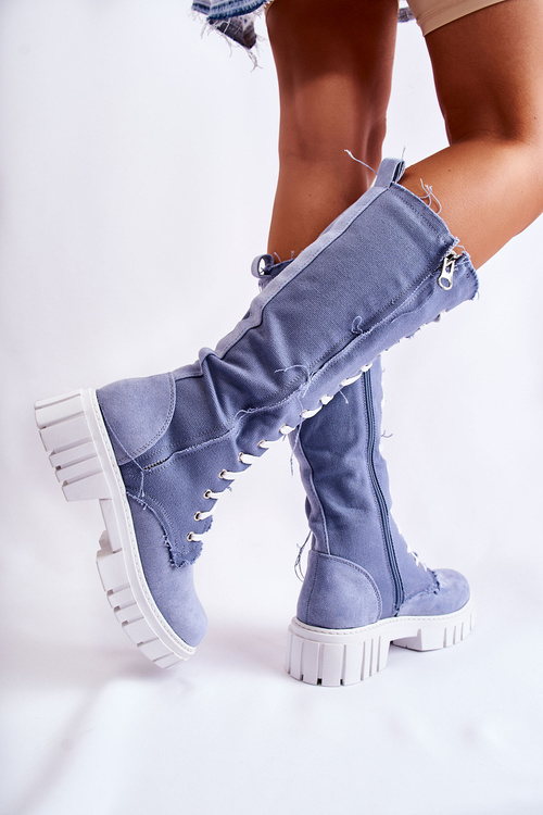 Wysokie Wiązane Kozaki Trapery Niebieskie Kayra