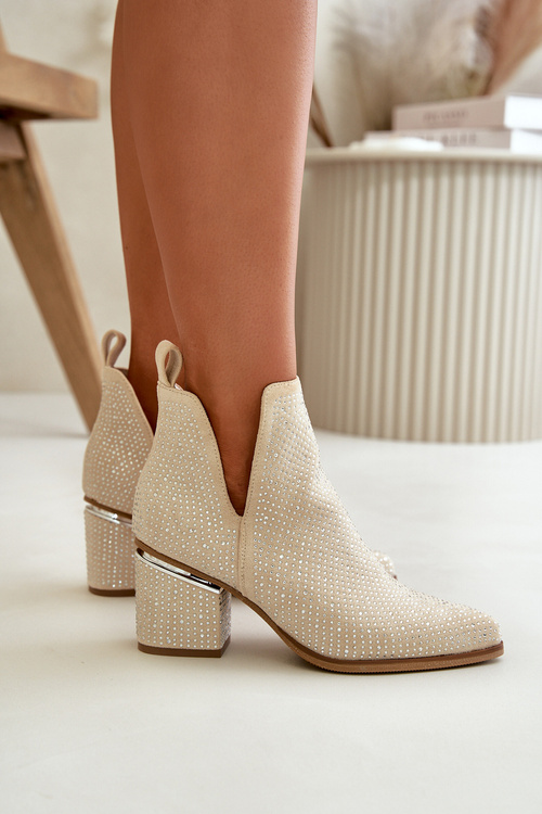 Zdobione Botki Damskie Na Obcasie Z Noskami W Szpic Beżowe Fararia