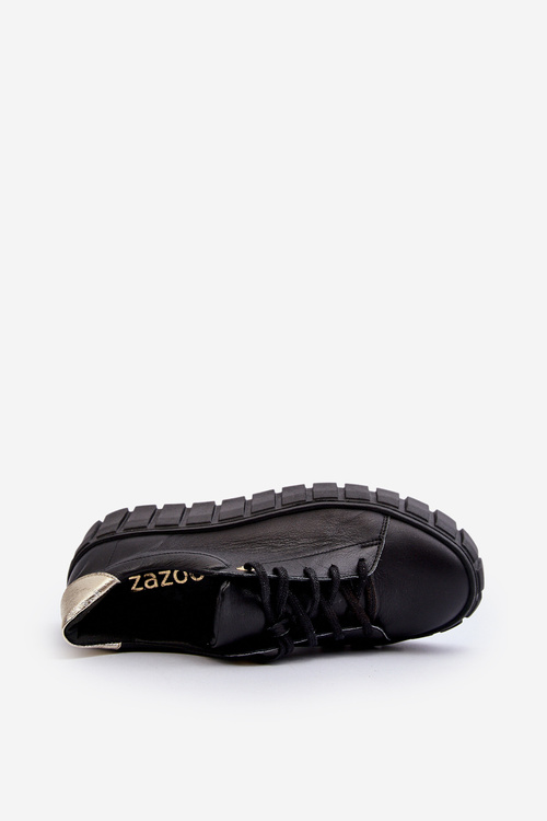 Zazoo 2919 Damskie Skórzane Półbuty Na Grubej Podeszwie Czarne