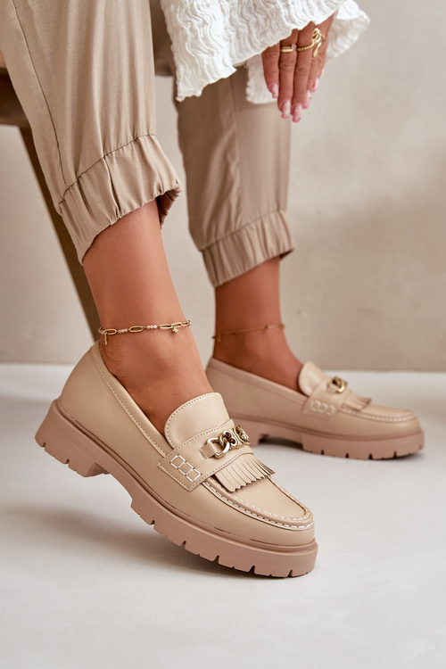 Eko Skórzane Mokasyny Damskie Ze Złotą Ozdobą Beżowe Zanita