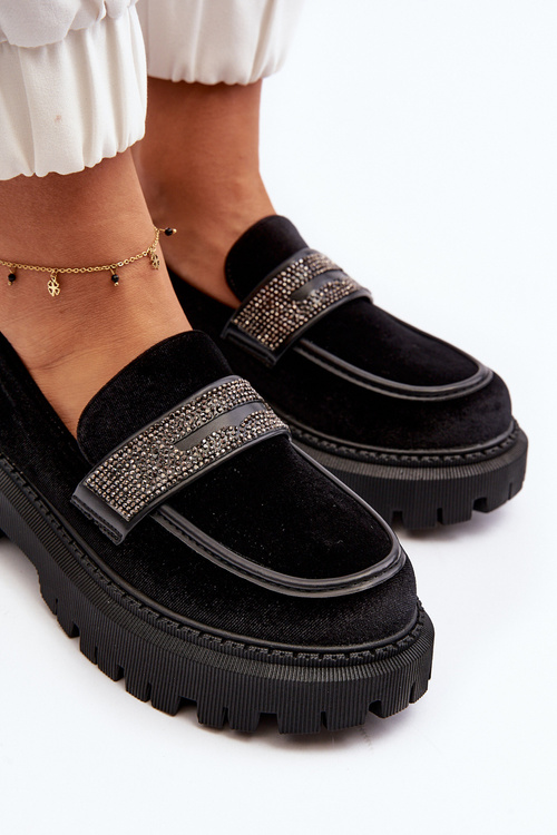 Damskie Welurowe Mokasyny Z Ozdobą Czarne Wendreda