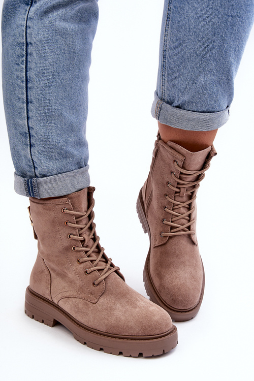 Damskie Botki Workery Na Suwak Ciemnobeżowe Ninsuni