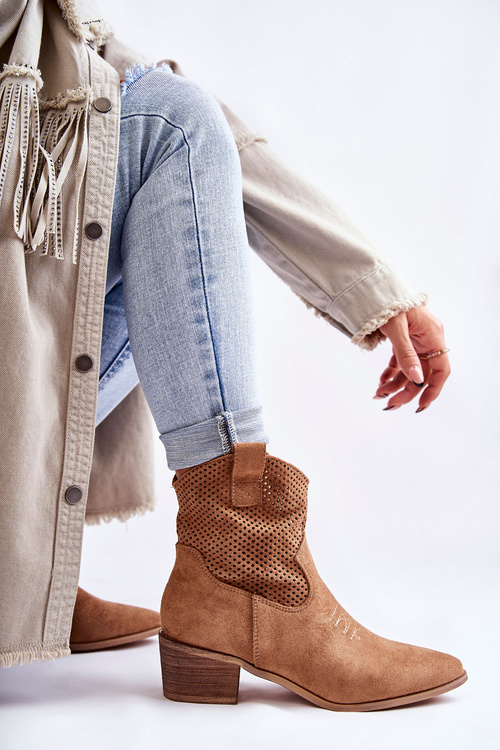 Zamszowe Ażurowe Botki Kowbojki Z Przeszyciem Camel Elvire