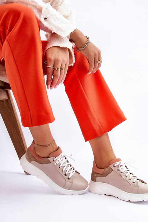 Wygodne Skórzane Buty Sportowe Na Platformie Beżowe Alisane