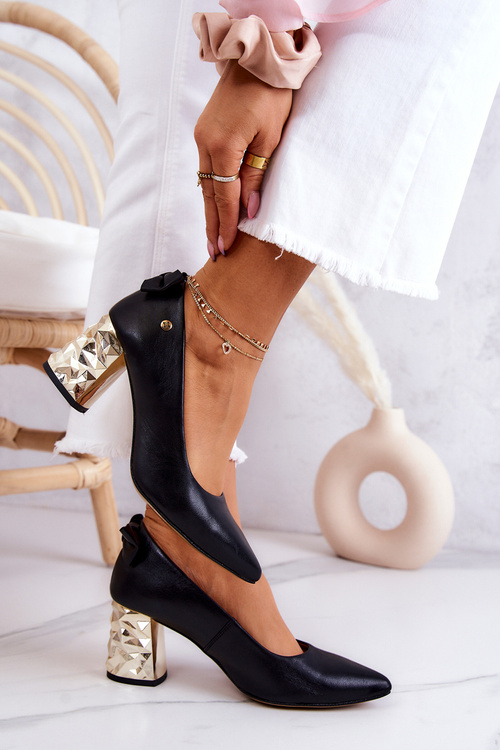 Skórzane Czółenka Na Słupku Maciejka 05334-01 Czarne