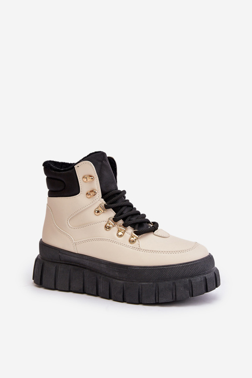 Damskie Ocieplane Botki Trapery Na Platformie Beżowe Jelenia