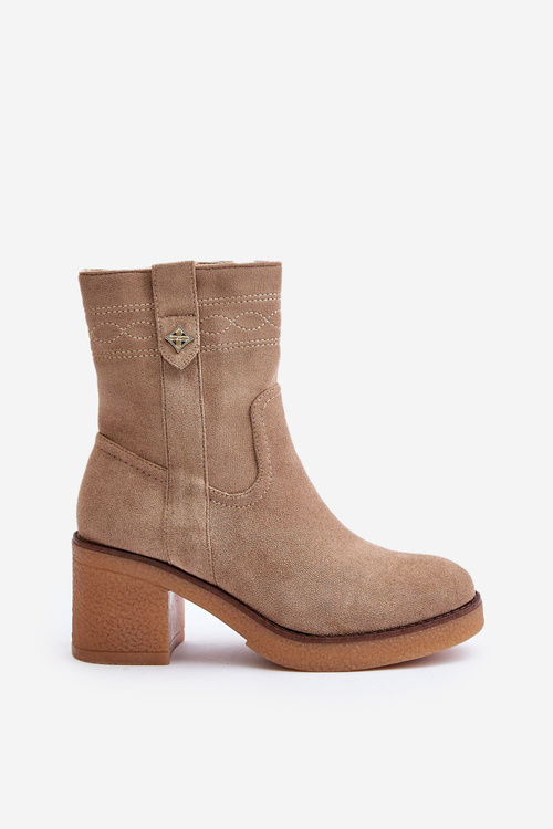 Ocieplane Botki Damskie Na Obcasie Słupku Beżowe Vailia