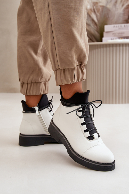 Botki Damskie Ocieplane Z Niską Cholewką Eko Skórzane Białe