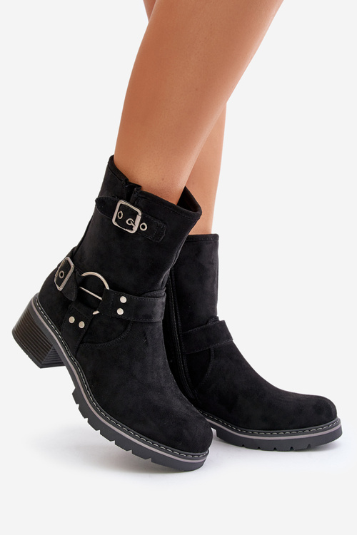 Botki Damskie Na Niskim Obcasie Z Klamrami Czarne Zudra