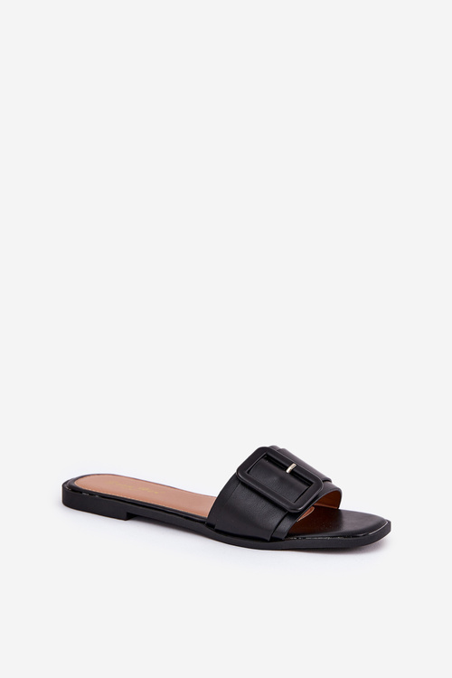 Płaskie Klapki Damskie Eko Skórzane Z Klamrą Czarne Bamma