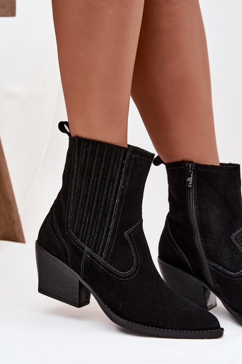 Zamszowe Botki Kowbojki Damskie Na Słupku Ocieplane Czarne Dylira