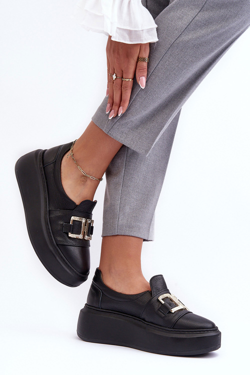 Skórzane Półbuty Damskie Na Platformie Czarne Lewski 3398/2