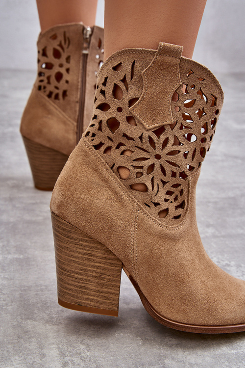 Zamszowe Ażurowe Botki Kowbojki Lewski Shoes 3265 Ciemnobeżowe
