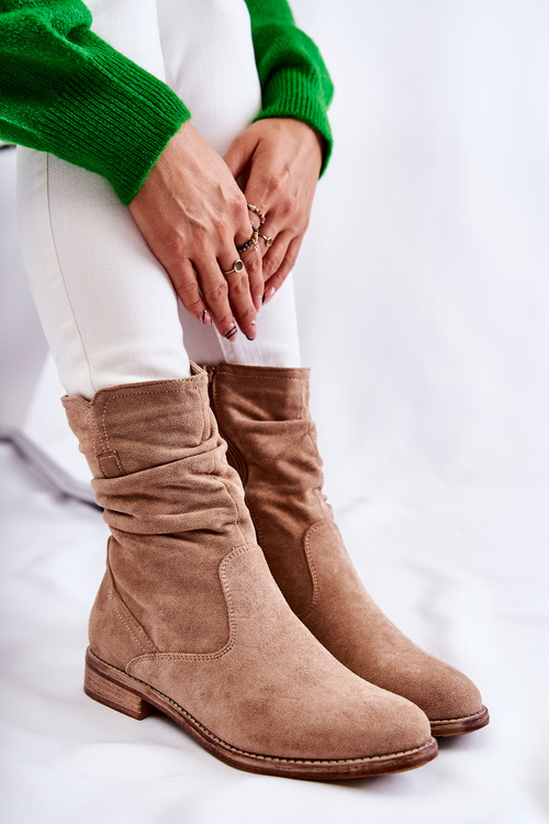 Damskie Marszczone Zamszowe Botki Beżowe Joanne