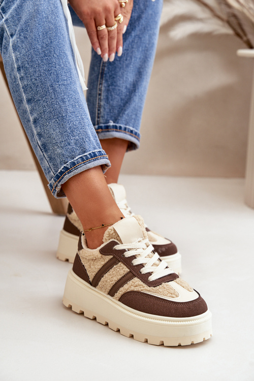 Ocieplane Sneakersy Damskie Na Platformie Z Kożuchem Brązowe Daivlene