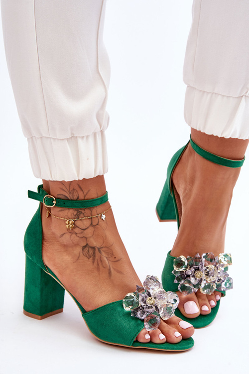 Eleganckie Sandały Z Kryształami Na Obcasie Zielone Cameron