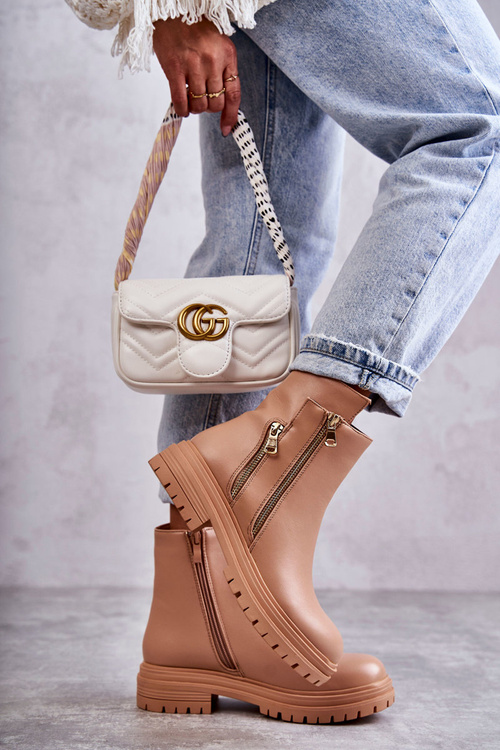 Damskie Skórzane Botki Na Suwak Beżowe Navarra