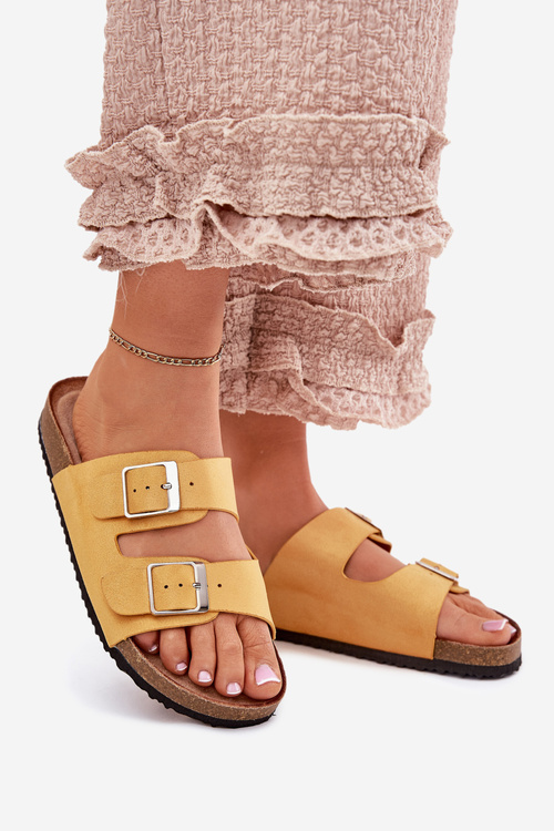 Klapki Damskie Na Korkowej Platformie Klamry Żółte Evisolla