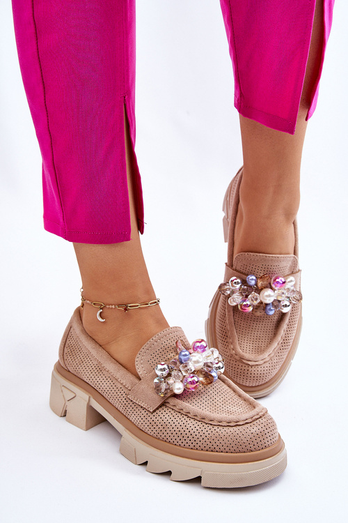 Damskie Półbuty Mokasyny Z Ozdobami Beżowe Issac