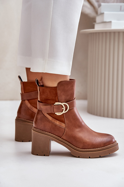 Botki Damskie Na Obcasie Słupku Ocieplane Na Zamek Camel Inabelle