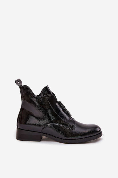 Lakierowane Ocieplane Botki Damskie Z Ozdobnym Detalem S.Barski HY52-525 Czarne