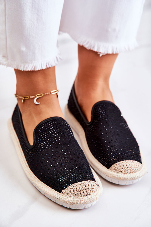 Damskie Materiałowe Espadryle Z Cyrkoniami Czarne Deimos