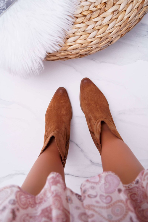 Botki Damskie Na Obcasie Skóra Zamsz Koniak Nicole 2433