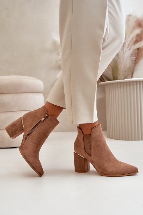 Eko Zamszowe Botki Na Słupku Ocieplane Brązowe Daivine