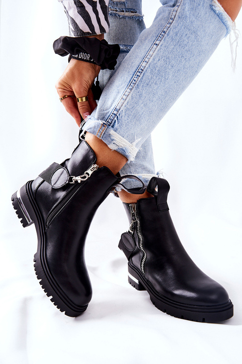 Skórzane Ocieplane Botki Z Suwakiem Czarne Cortona